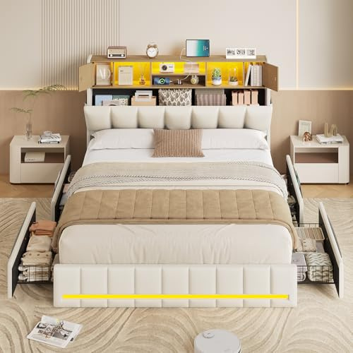 KIMENICH Letto Matrimoniale con Illuminazione a LED, Struttura Letto 160 x 200 cm, 4 Cassetti, Stazione di Ricarica, Testiera con Vano Portaoggetti, Lettos Imbottito, per camera, Bianca