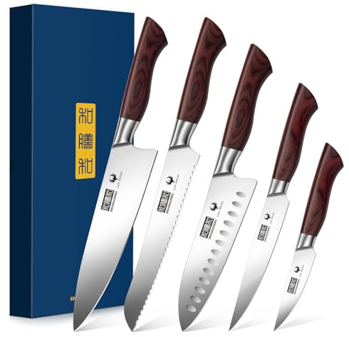 HOSHANHO 5-Piece Japanese Style Kitchen Knife Set,Professional Ultra Sharp High-Carbon Stainless Steel Chefs Knives with Ergonomic Wood Handle,Elegant Box Packaging