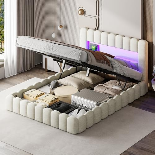 JYNVO Sängram 160 x 200 cm med belysning och USB-laddningsfunktion, förvaringssäng med hydraulik, dubbelsäng med ribbotten och förvaringsutrymme, linnevadderad säng, beige, utan madrass