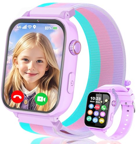 Reloj Inteligente Niño 4G GPS, Smartwatch para Niños Niñas con Teléfono, Videollamadas, Chat de Voz, SOS, Modo Escuela, Despertador, Podómetro,Relojes Teléfono Regalos para Infantil 4-12, Morado