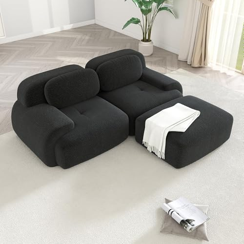 WENNEWU CanapéS Deux Places Modernes CompresséS Et sans Structure, Grands CanapéS d'angle pour Salon, Canapé Angle Modulable en Velours CôTelé Effet Nuage, Mousse à MéMoire Forme,A,2Seater+1Ottoman