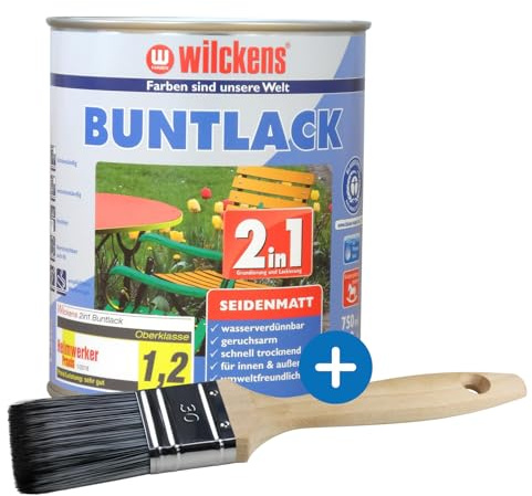 Wilckens Buntlack 2in1, RAL9010 reinweiß seidenmatt, 0,75 l, Holzlack für Innen und Außen, inklusive kör4u Flachpinsel 30 mm