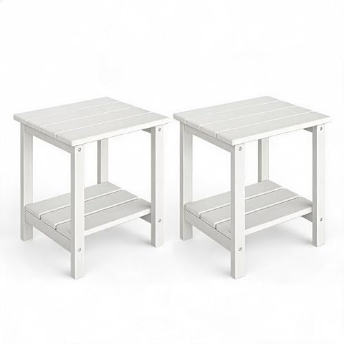 Garvee Mesa Auxiliar Exterior Estilo Adirondack 45 x 38 cm，Mesa de Dos Niveles en HDPE con Acabado Efecto Madera，Resistente a la Intemperie Terraza，Jardín y Piscina，Blanco，Pack de 2