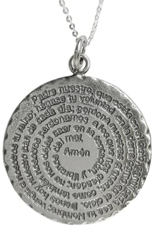 Alylosilver Collar Colgante Medallón con la Oración del Padre Nuestro en Plata de Ley 925 para Mujer - Incluye Cadena de Plata de 45 cm y Estuche para Regalo