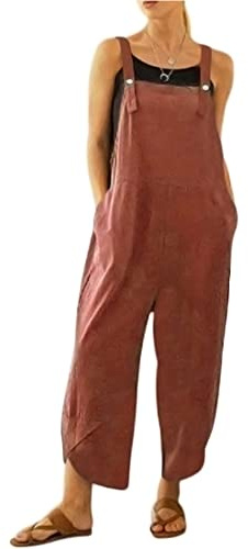 BRONG Kvinnors overaller ledig klädsel hängselbyxor mjukt bomullslinne dam jumpsuit säckig lekdräkt justerbara remmar med fickor, Röd, 5XL