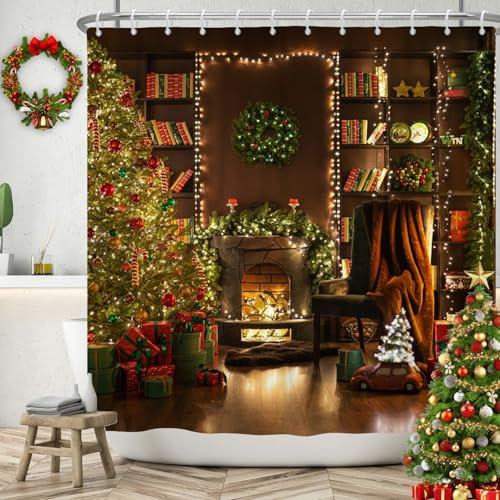 SDOTPMT 180x180cm Merry Christmas Shower Curtain Christmas Tree Fireplace Gift Bath Curtain Vintage Book Shelf Winter Holiday Pine Tree Leaf Curtain for Kids Bathroom Fabric Polyester with Hooks