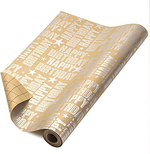 RUSPEPA Rouleau De Papier Cadeau Kraft - Motif Joyeux Anniversaire Argenté Idéal Pour Anniversaire, Fête, Baby Shower - 44,5 cm X 10 m