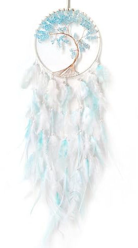 Donko White and Cyan Dream Catcher Wall Decor Crystal Tree of Life Dream Catchers Handmade Feather Dreamcatcher Wall Hanging Ornament for Bedroom Living Room Home Decor