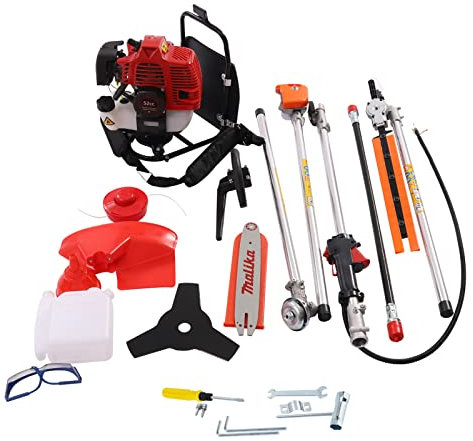 Desbrozadora de gasolina 4 en 1, dispositivo multifunción de 52 cc, cortasetos, motor de 2 tiempos, incluye correa para el hombro y protección de cadera