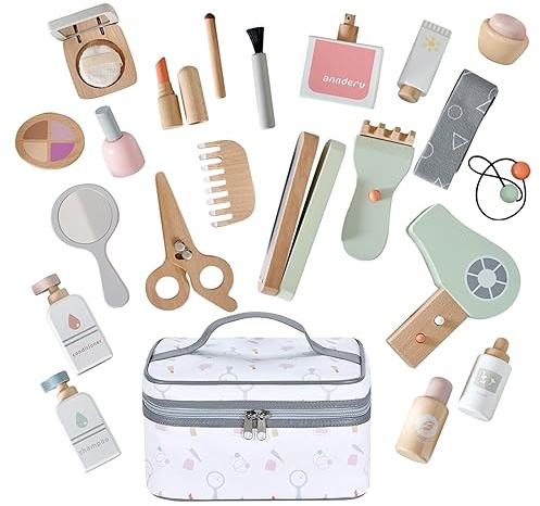 Smartwo Set Trucchi e Parrucchiere in Legno per Bambina, Finto Trucco Bellezza Salone con Trousse Cosmetici, Accessori Postazione Trucco Bimba, Giochi in Legno, Regalo Bambine 3 4 5 6 7 Anni