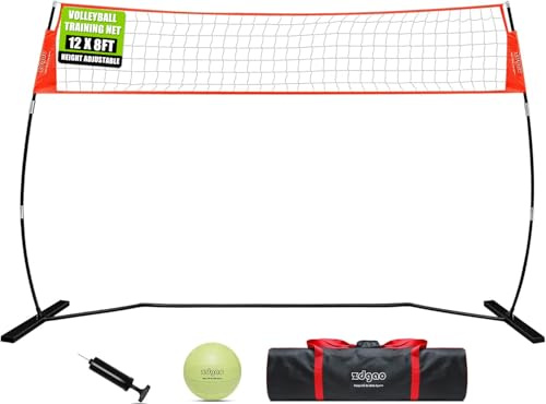 12FT Portable Volleyball Training Net for Hitting or Serving Drills, Outdoor & Indoor Freestanding Volleyball Practice Net with Height Adjustable, Glow in Dark Ball, Carry Bag