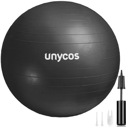 unycos - Pelota de Pilates, Gimnasia, Yoga, Fitness y Embarazo, Fitball Antideslizante y Anti-Burst【55 cm】de PVC Extra Grueso, Resistencia de 300 kg, Incluye Hinchador (Gris con Logo)
