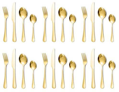 Gold Cutlery Set,24 Piece Silverware Set for 6 People,Stainless Steel Kitchen Cutlery,Knife and Fork Sets,Mixed Flatware Sets,Dishwasher Safe,Easy Clean,Mirror Polished
