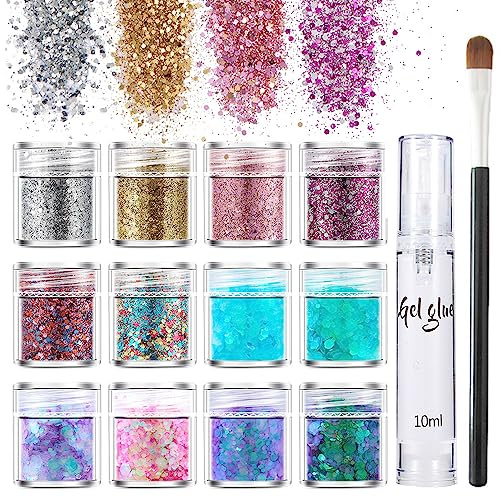 Glitzer Gesicht, 12 Farben Body Glitter Chunky Sequin, Mehrfachform Festival Zubehör Glitzer mit Gel & Pinsel, Wasserfest Glitzerpulver Pailletten für Nägel Augen Lippen Haare Körper, Masquerade Party