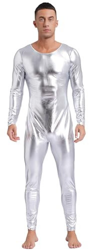 YOOJIA Herren Strumpfhosen Wetlook Body Bodysuit Glänzend Overall Erotik Männerbody Einteiler Unterhose Clubwear Silber L