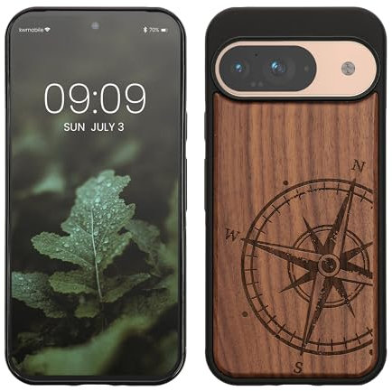 kwmobile Wood Case Compatible with Google Pixel 9 / Pixel 9 Pro Case - Cover - Navigational Compass Dark Brown