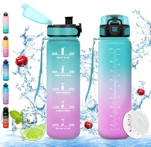 Vikaster Gourde sport, Gourde 1l, sans BPA, Étanche & Réutilisable, Bouteille d'eau avec Marqueur de Temps et Filtre, Convient Pour la Enfant & Adulte, Gym, Yoga, Camping, Sport