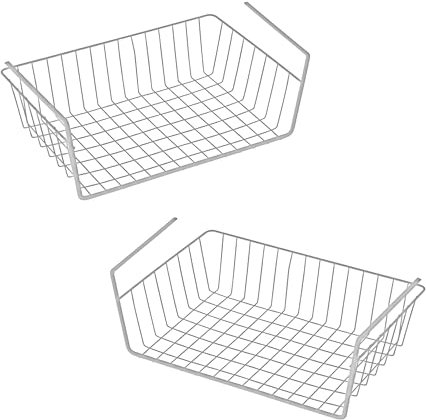 Estantería inferior para colgar cesta de metal, 40 x 26 cm, juego de 2 unidades, color blanco, cesta de almacenamiento para colgar en estantes, cesta de alambre para estantería, armario, cocina,