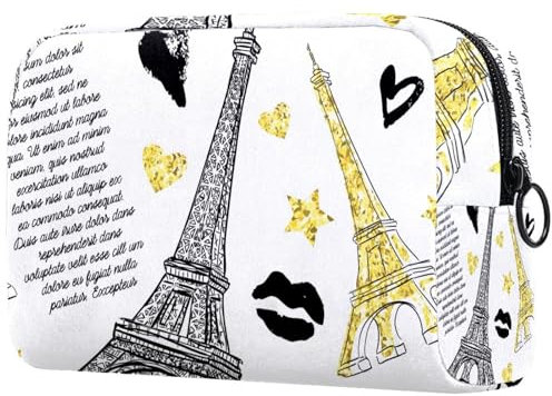 Borsa per cosmetici da donna, con stampa Torre Eiffer, con glitter dorati, con stampa di stelle e bacio, per articoli da toeletta da viaggio, grande, pratica borsa organizer con cerniera, Multi,