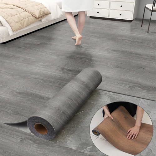 Luxury Thicken Wood Grain Peel and Stick Floor Tiles Self-Adhesive Vinyl Flooring Roll-DIY Easy for Wall and Floor,Hard Surface/Waterproof/Anti Slip (Gray Vinyl Flooring, 17.72 W x 118 L)