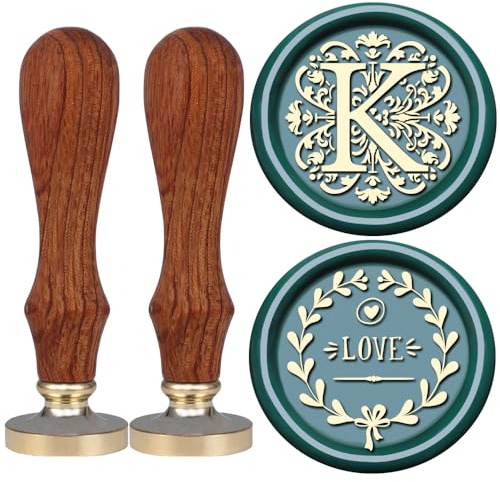 VSECUON Flower Initial Alphabet K Wax Seal Stamp & Eucalyptus Love Sealing Stamp with Wax Stamp Brass Head Ideal for Wedding Invitations Gift Wrapping Christmas (Floral K)