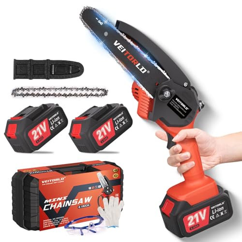 Veitorld 2025 - Motosega a batteria da 6 pollici, con batteria da 6000 mAh, motore ottimizzato, sega da potatura, sistema di olio automatico, sega a catena piccola per legno, albero, corna