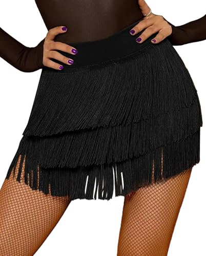 SEAUR Gonna da ballo latina per donne Gonna avvolgente con frange irregolari Salsa Tango Gonna da sala da ballo Gonna con nappa Rumba Abbigliamento da danza S M L XL, Nero , M