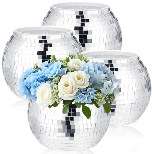 4 Pcs Disco Ball Vases,Plastic Disco Ball Centerpieces 6 X 6.7 Disco Ball Decor Silver Mirror Disco Ball Planter Can Be Used for Wedding Centerpieces,Birthday,Office