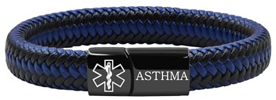 Oneress astmaarmband, graverat medicinskt armband, larm-ID-band för speciella behov, akutinformation för män och kvinnor YA5551 Black & Blue ASTHMA