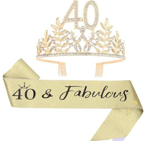 Padorul 40th Birthday Crown & Sash Set for Women - Gold Glitter Leaf Tiara & Crystal '40 & Fabulous' Sash - Elegant Birthday Party Decorations