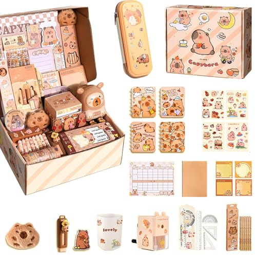 CharmBurst Capybara-Stationery-Set, Grande Trousse avec Crayons et Autocollants, Jolie boîte Cadeau pour Enfants, Idéal pour la rentrée Scolaire et Les Cadeaux