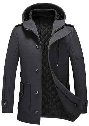 KUDORO Manteau Homme Mi-Long en Laine Chaud avec Capuche pour Hiver Trench Coat Classique Parka Pardessus Caban Slim Fit Coup-Vent Overcoat(Noir,XL)