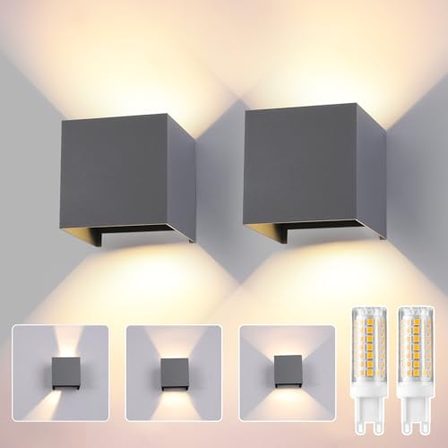 2-pack utomhus vägglampa inomhus LED-glödlampor G9 utbytbara IP65 vattentät utomhusvägglampa mörkgrå 3 000 K varmvit vägglampa fyrkantig aluminium justering av belysningsvinkeln