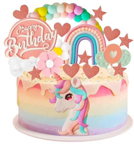 KENPOJO Unicorno Decorazioni Torta Compleanno, 18 Pezzi Decorazioni per Torte per Bambini Buon Compleano Arcobaleno Nuvola Palloncini, Unicorno Topper Torta Compleanno per Cupcake Matrimonio