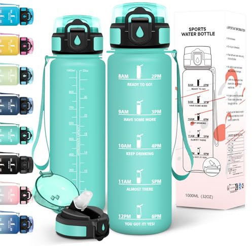 Motswedi Borraccia 1 litro, a Prova di Perdite, Borraccia Palestra, senza BPA, Borracce con Cannuccia, Con 2 Tappi, Bottiglia Acqua, Borracce 1 litro, Per Scuola, Ufficio, Sport, Blu Verde-3245C