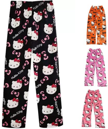 Pigiama da donna Kitty Anime, pantaloni lunghi in flanella, pigiama Kawaii in stile cartone animato, morbido e caldo, pantaloni lounge Y2K da donna, per autunno e inverno, taglie dalla S alla XXL