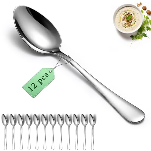 Dinner Spoons Set 12pcs, 7.36 Soup Spoon Berglander Food Grade Stainless Steel Silverware Spoons, Metal Tablespoon for Home, Kitchen or Restaurant Mirror Polished, Dishwasher Safe