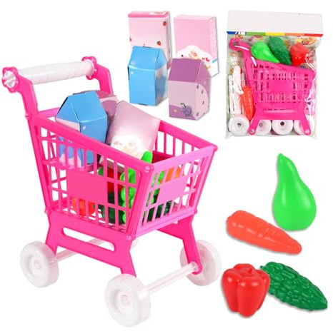 Zhangpu Carrito de Compras para Niños, Carrito de Juguete, Juego de 21 Piezas, Encantador Juego de Comida, de Juguete, de rol de Simulación, Regalos para Niñas y Niños
