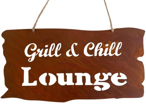 khevga Cartel de metal para barbacoa y parrilla, decoración de óxido, placa colgante Grill & Chill Lounge, decoración rústica de jardín para cocina y terraza, idea de regalo para hombres