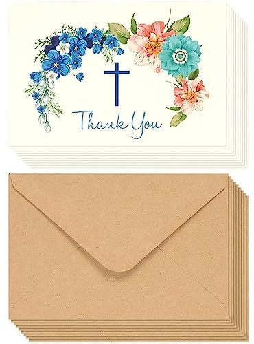 48 Pack Christian Thank You Cards With Envelopes, Bulk Baptism, Religious Greeting Notes for Christening, Wedding, Communion, Floral Cross Design (10 x 15 cm)