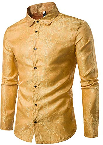 Allthemen Herrskjorta Paisley långärmad skjortor jacquard party bröllop, #30 gul, 3XL