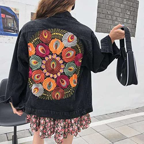 ZXCL Vintage Oversized Multi Floral Bordado Denim Chaqueta de Mezclilla Mujer Vaquero Manga Larga Lapel Casual Denim Coat Streetwear Outwear Outwear-Black,XL