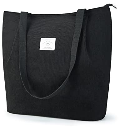 KALIDI Wasserdicht Cord Tasche mit Reißverschluss,Tote Bag Damen Groß Shopper Tasche Handtasche Kapazität Umhängetasche für Arbeit Büro Reisen Einkaufen Schule und Alltag,Schwarz