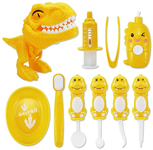 OPTSPTOY 10PCS Plastic Dinosaur Simulation Dentist Play Set Animation Medical Kit Pretend Toy for Kids Hygienic Habbit Cultivation Role Play Game for Children 5 Models OPP Bag Packaging (Yellow)