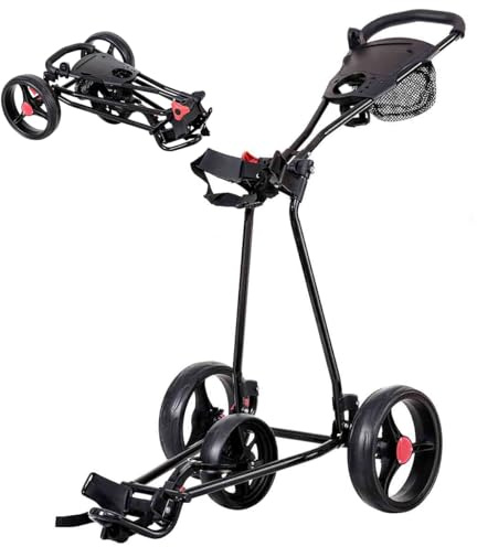 RELAX4LIFE Carrello da Golf a 3 Ruote, Compatto con Telaio di Ferro Robusto,Golf Cart Leggero e Pieghevole con Borsa in Rette e Portaombrelli, Facile da Trasportare,134 x 60 x 116 cm