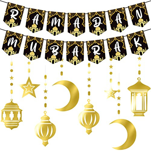 Ramadan Deko, Ramadan Mubarak Banner Gold Stern Mond Ramadan Dekorationen, EID Mubarak Deko für Eid Festival Party Dekoration, Ramadan Kareem Dekoration