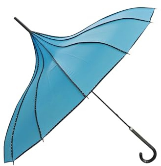 Pagoda Stick Umbrella Parasol With Polka Dots Trim Sun Rain Wedding Event (Turquoise)