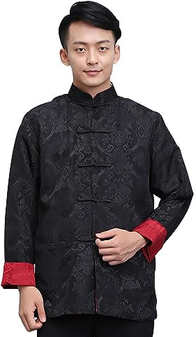 DLSNZ Men's Traditional Chinese Kung Fu Clothing Hanfu & Tang Suit Jacket Wing Chun Uniform Martial Arts Coats (Black+Wine Red, X-Large)