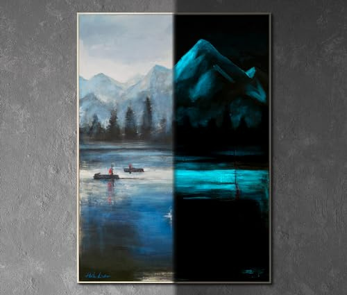 YS-Art Quadro Lago Alpino su Tela – Paesaggio Montano Incorniciato con Effetto Luminescente per Interni Rilassanti 140x100 cm