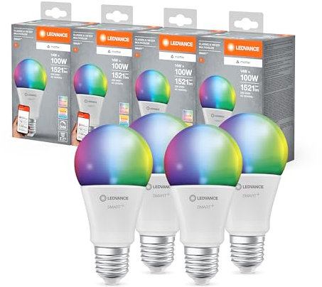 Ledvance SMART+ MATTER LED-Lampe, weiße Frost-Optik, 14W, 1521lm, klassische Glühlampenform mit E27, Farblicht und Weißlicht, App- oder Sprachsteuerung, bis zu 20.000 Std. Lebensdauer, 4-Pack